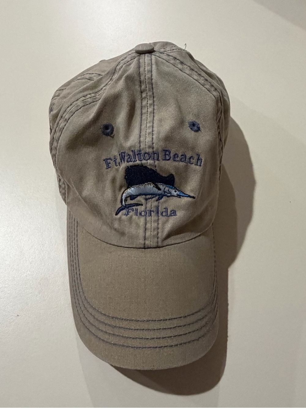 Walton Beach Florida Embroidered Fish Cap - Khaki with Navy